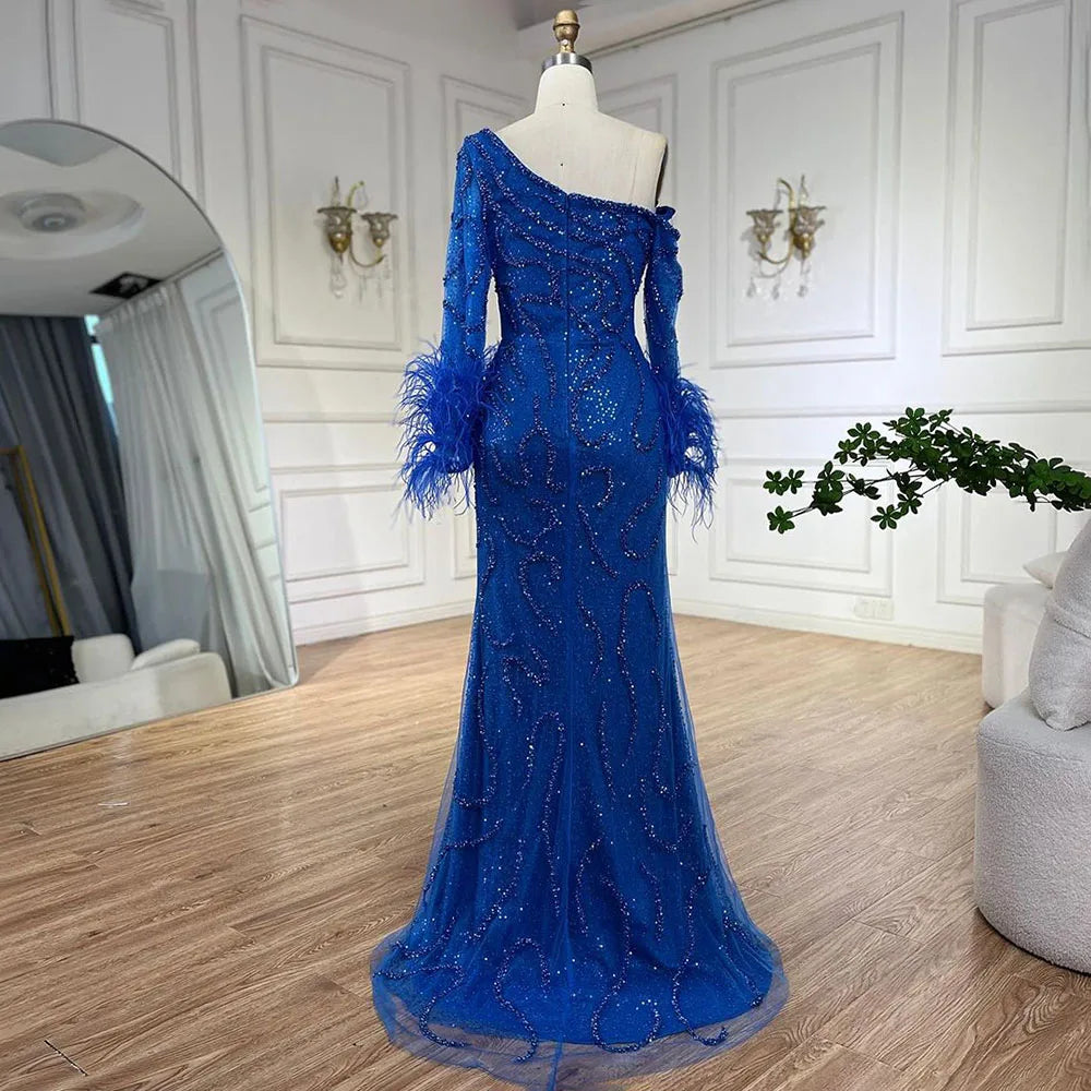 Serene Hill Blue Mermaid Elegant One-Shoulder Beaded Feathers  Evening Dress Gown for 's Wedding Party 2025 LA72395 Customized