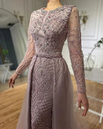 Serene Hill Muslim Silver Nude Mermaid Gown with Detachable Overskirt Beaded Evening Dress for Women Wedding Party 2025 LA71919