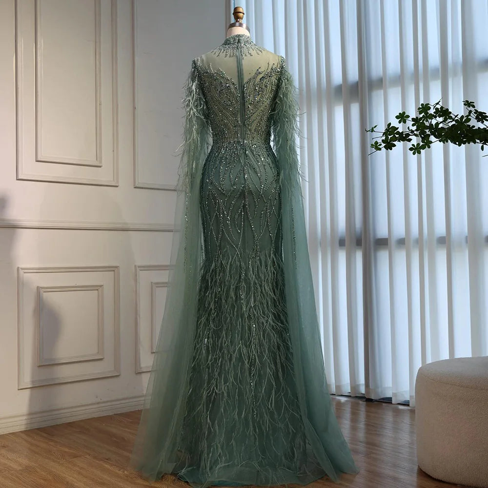 Nude Feather Evening Dress for Women High Neck Cape Sleeve Luxury Beaded Formal Gown Serene Hill 2025 Customized LA71885C