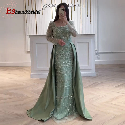 Elegant Pearls Evening Dress for Women with Detachable Skirt 2025 Luxury Long Sleeves Formal Prom Wedding Party Gown Customized