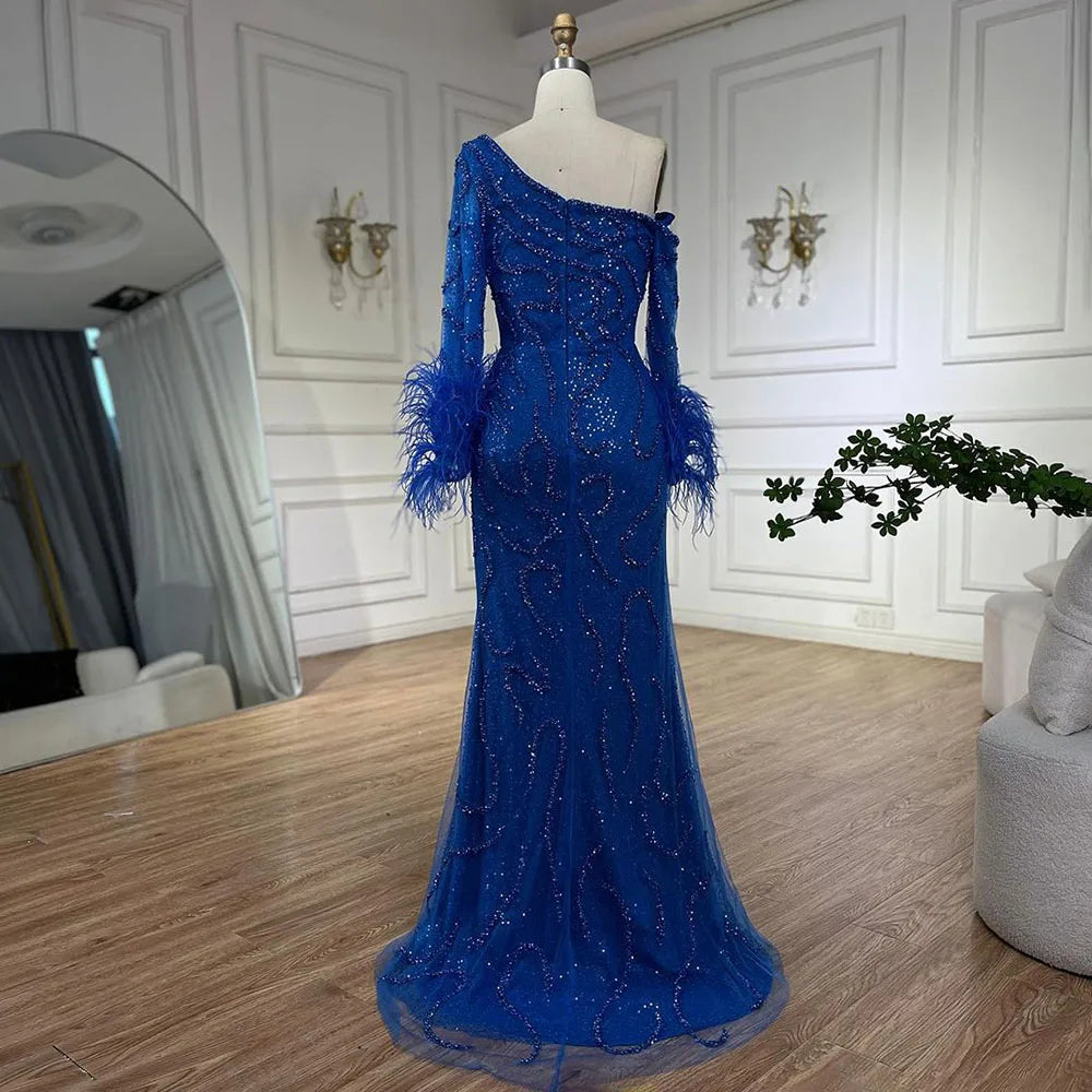 Serene Hill Blue Mermaid Elegant One-Shoulder Beaded Feathers  Evening Dress Gown for 's Wedding Party 2025 LA72395 Customized