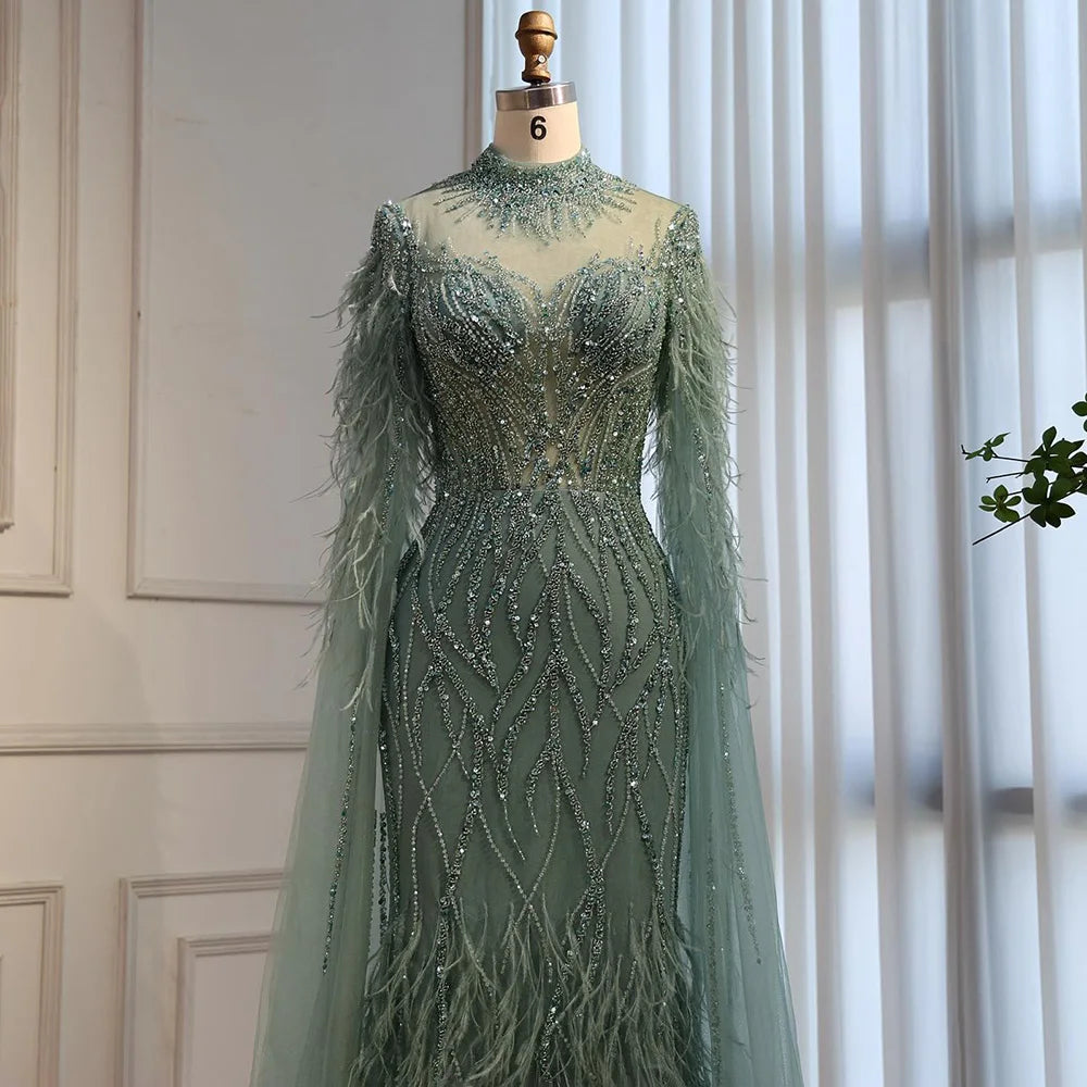 Nude Feather Evening Dress for Women High Neck Cape Sleeve Luxury Beaded Formal Gown Serene Hill 2025 Customized LA71885C