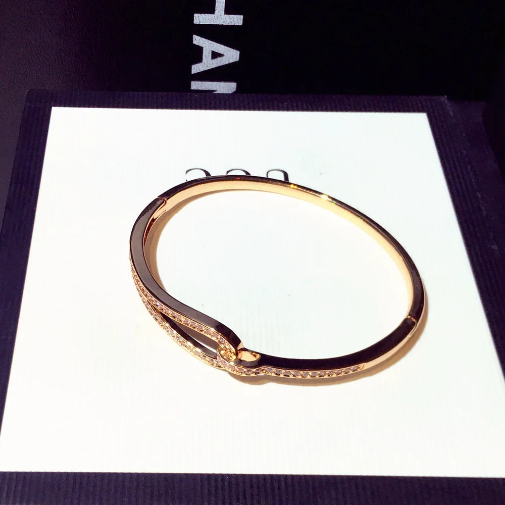 14k Real Gold Trend Fashion Simple Micro Inlaid Zircon Word Lady Bracelets for Women Temperament Exquisite Luxury Bangle Jewelry