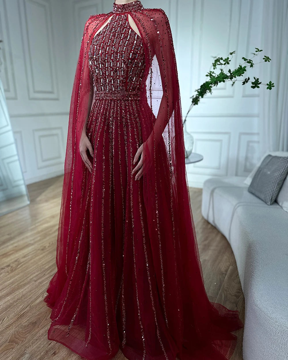 Serene Hill Arabic Turquoise A Line Cape Sleeve Beaded   Evening Dresses Gowns For Occasion 2025 LA72306A Customized