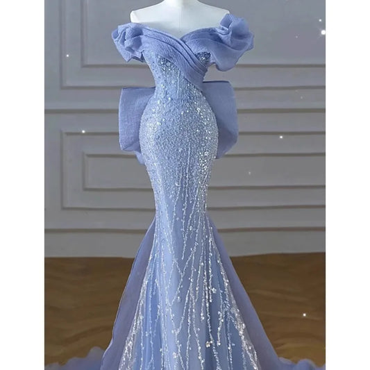 Woman's Dress High Dress Off-Shoulder Blue Evening Dress Light Luxury Niche Mermaid Sequin Host Elegant Party Dress