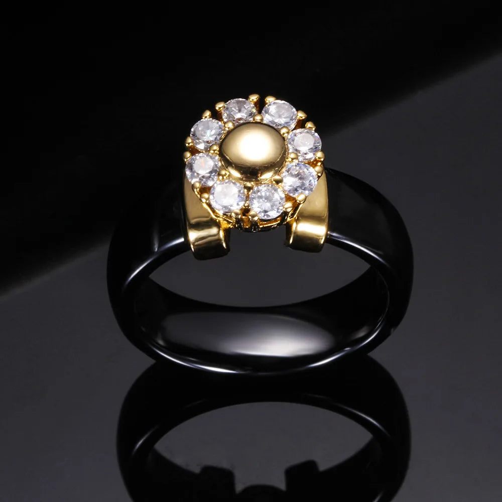 Luxury Sunflower Zircon Ceramic Ring For Women Girl Titanium Steel Metal Finger Jewelry Accessories Gift Black White Color