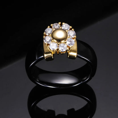 Luxury Sunflower Zircon Ceramic Ring For Women Girl Titanium Steel Metal Finger Jewelry Accessories Gift Black White Color