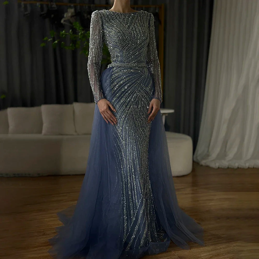 Serene Hill  Mermaid Beaded  Blue Muslim  Evening Dresses Gowns  with Detachable Skirt 2025  LA71750 Customized