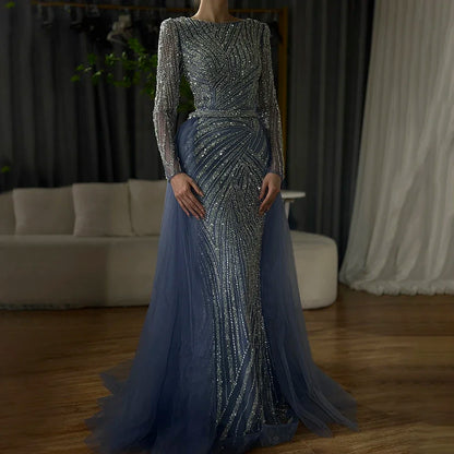 Serene Hill  Mermaid Beaded  Blue Muslim  Evening Dresses Gowns  with Detachable Skirt 2025  LA71750 Customized
