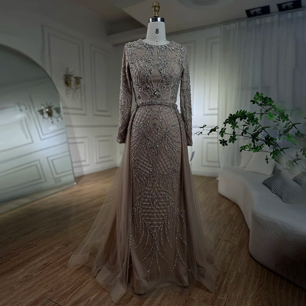 Serene Hill Muslim Silver Nude Mermaid Gown with Detachable Overskirt Beaded Evening Dress for Women Wedding Party 2025 LA71919