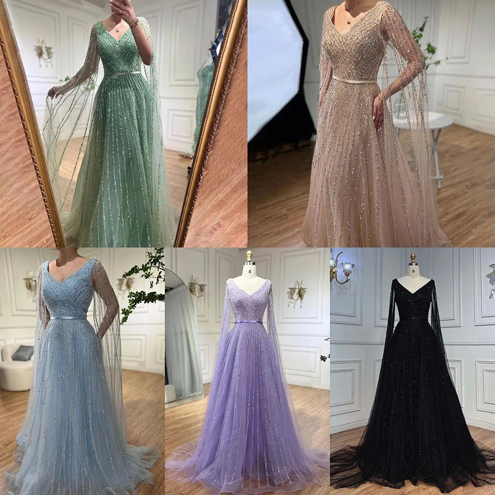Serene Hill Mint Cape Sleeves A Line Beaded  Dubai Evening Dresses Long 2025 Celebrity Gowns For  Party LA71865 Customized
