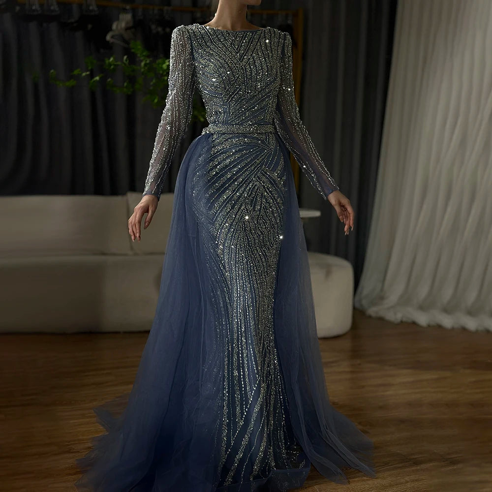 Serene Hill  Mermaid Beaded  Blue Muslim  Evening Dresses Gowns  with Detachable Skirt 2025  LA71750 Customized