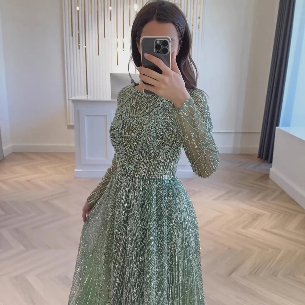 Luxury Olive Green Long Sleeve Beaded A Line Evening Gown for Wedding Party Prom Serene Hill 2025 Customized LA72738B Plus Size