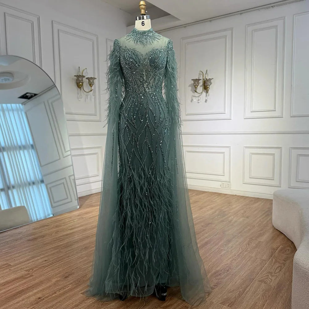 Nude Feather Evening Dress for Women High Neck Cape Sleeve Luxury Beaded Formal Gown Serene Hill 2025 Customized LA71885C