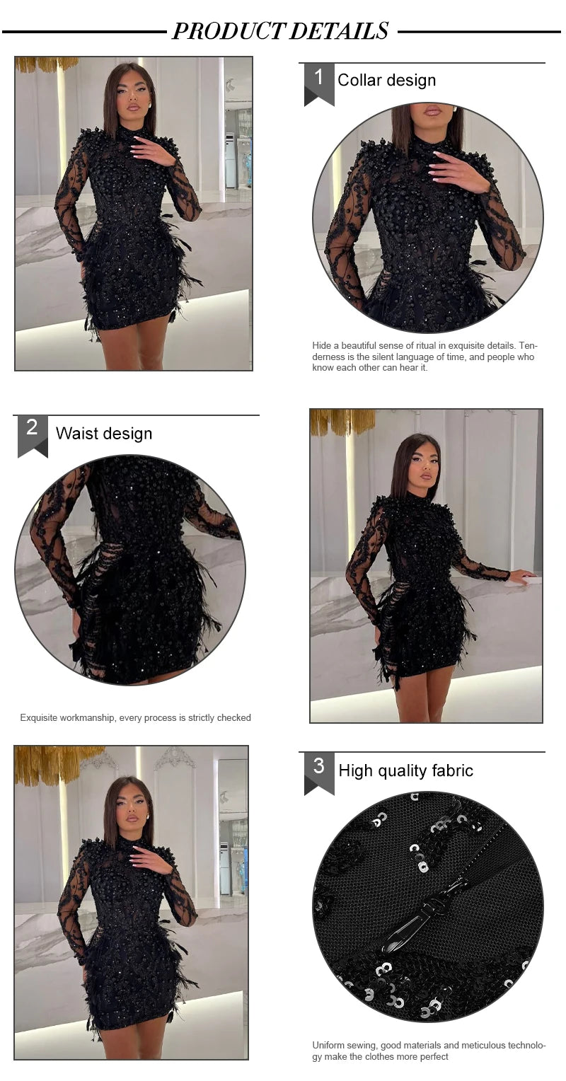 VC Black Long Sleeve Short Dress Turtle Neck Feather Pearl Embellished Handmade Beads Prom Celebrity Cocktail Party Evening Gown