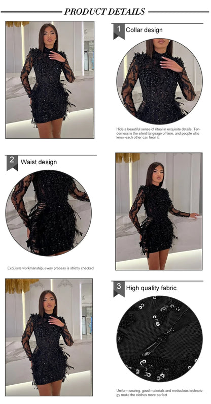 VC Black Long Sleeve Short Dress Turtle Neck Feather Pearl Embellished Handmade Beads Prom Celebrity Cocktail Party Evening Gown