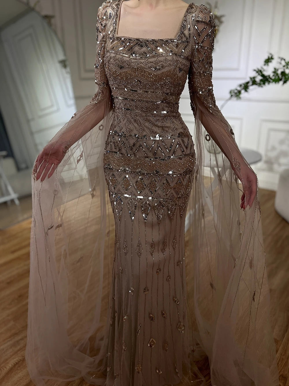 2025 Caramel With Beaded Cape Sleeves Design Mermaid Long Evening Dresses Gowns For Women's Wedding Party LA72355A Customized