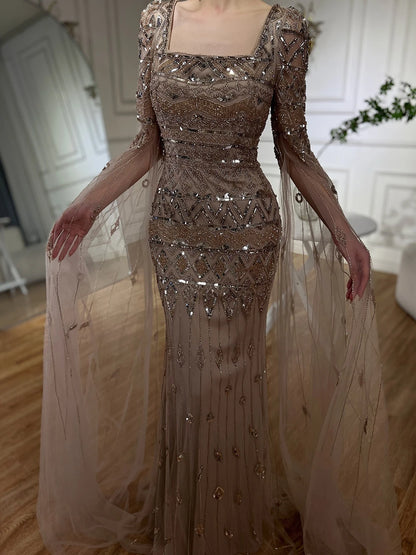 2025 Caramel With Beaded Cape Sleeves Design Mermaid Long Evening Dresses Gowns For Women's Wedding Party LA72355A Customized