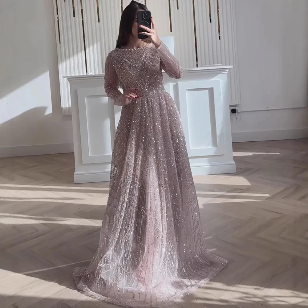 Luxury Olive Green Long Sleeve Beaded A Line Evening Gown for Wedding Party Prom Serene Hill 2025 Customized LA72738B Plus Size