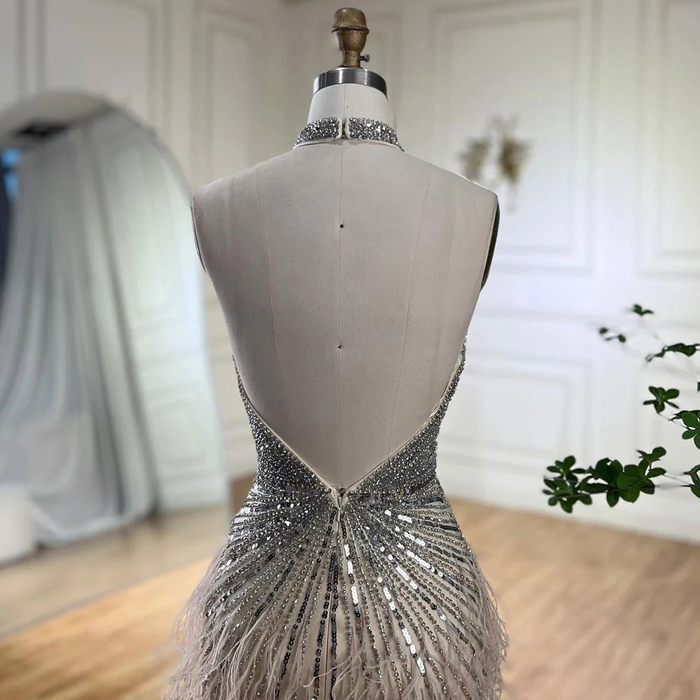 Serene Hill Dubai Halter Beige  Feathers Beaded Formal Luxury Mermaid Evening Dresses For Women Wedding Party 2025 LA70623A