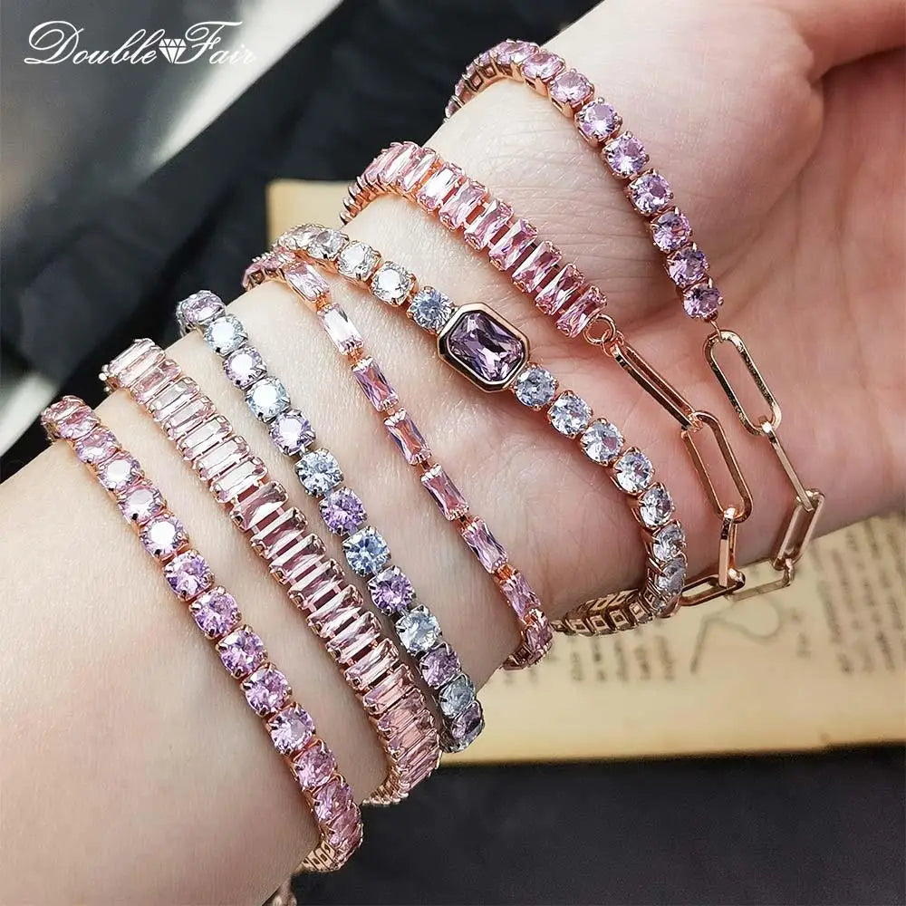 Romantic Pink Crystal Tennis Bracelets for Female Women Trend Shiny Zirconia Adjustable Folding Buckle Chain on Hand Jewelry
