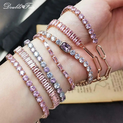 Romantic Pink Crystal Tennis Bracelets for Female Women Trend Shiny Zirconia Adjustable Folding Buckle Chain on Hand Jewelry