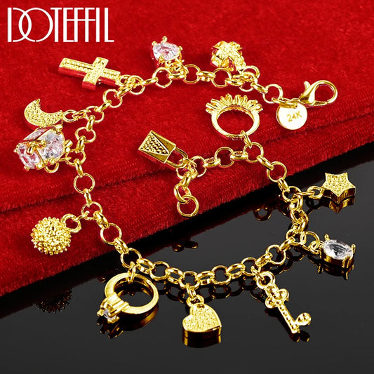 DOTEFFIL 18K Gold Moon Heart Lock Cross Bracelet For Men Woman Charm Wedding Party Fashion Jewelry