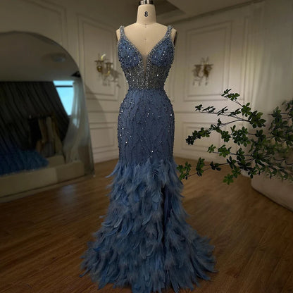 Serene Hill Pink Mermaid High Split Evening Dresses Feather Beaded Gowns Long 2025 For Women Wedding Party LA72152 Customized