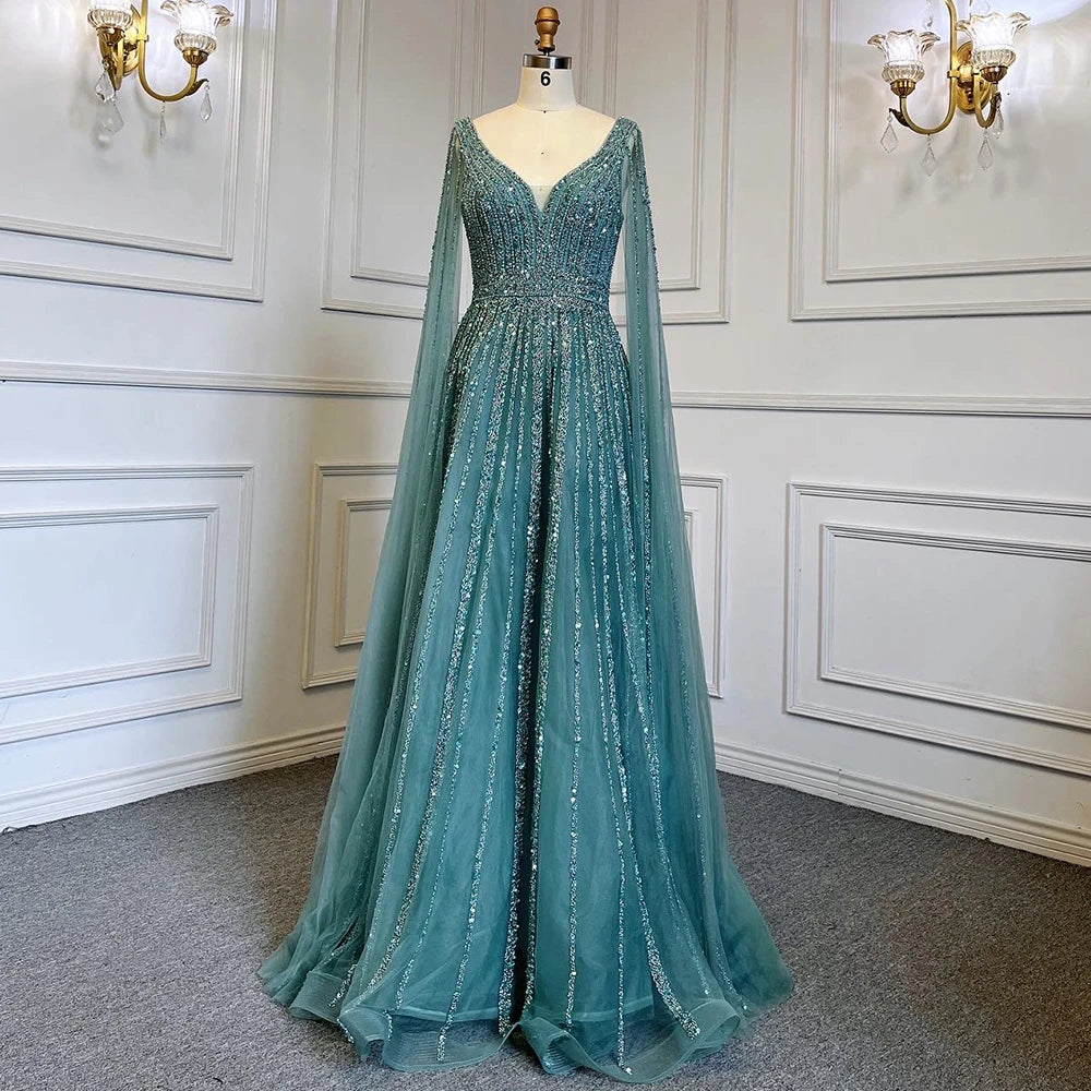 Nude Arabic Luxury Cape Sleeves Evening Dresses Gowns A-Line Beaded 2025 For Party LA71567 Customized