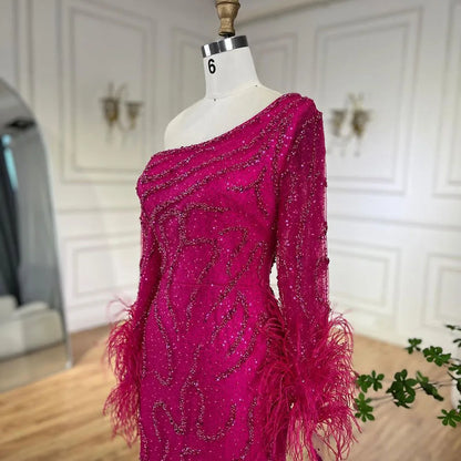 Serene Hill Blue Mermaid Elegant One-Shoulder Beaded Feathers  Evening Dress Gown for 's Wedding Party 2025 LA72395 Customized