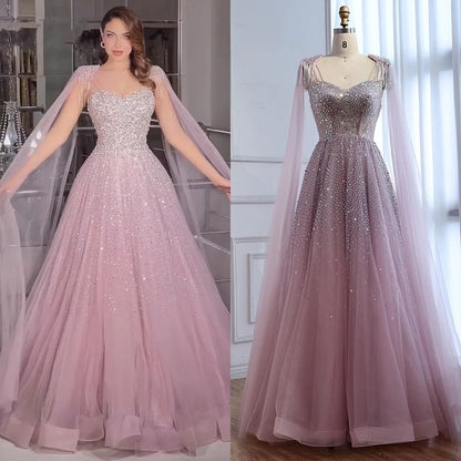 Luxury Pink Tulle Beaded A-Line Evening Dress with Cape Sleeves for Women Prom Serene Hill 2025 Customized Gown LA73072
