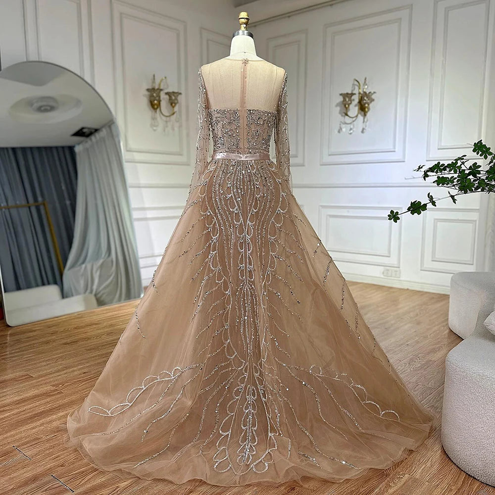 Serene Hill 2025 Customized Pink Beaded Saudi Arabic Mermaid Evening Dresses With Sheer Long Sleeves For Formal Occasion LA72875