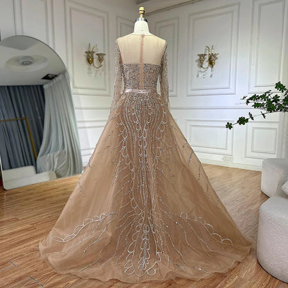 Serene Hill 2025 Customized Pink Beaded Saudi Arabic Mermaid Evening Dresses With Sheer Long Sleeves For Formal Occasion LA72875