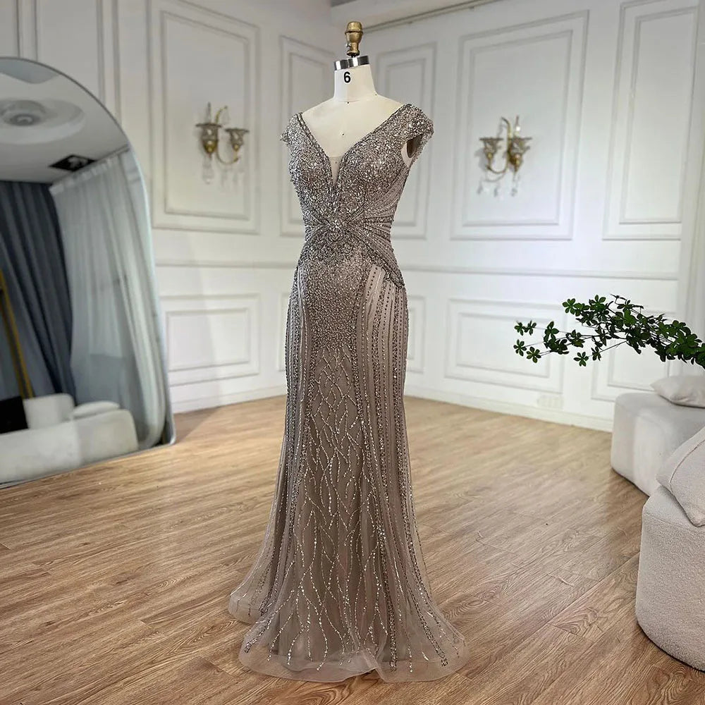 Customized Dubai Caramel Elegant Sleeveles Mermaid Beaded Arabic Evening Dresses Gowns For Women Wedding Party 2025 LA72456