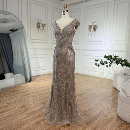 Customized Dubai Caramel Elegant Sleeveles Mermaid Beaded Arabic Evening Dresses Gowns For Women Wedding Party 2025 LA72456