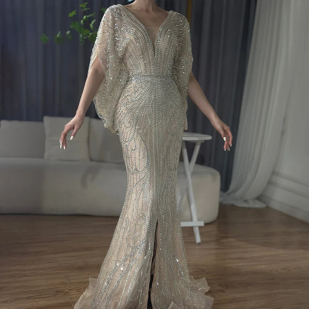 Serene Hill Arabic Gold Elegant Mermaid Black  Beaded Evening Dresses Gowns Diamond For Party 2025 LA72288A Customized