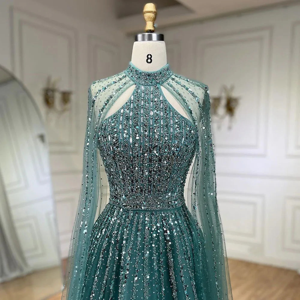 Serene Hill Arabic Turquoise A Line Cape Sleeve Beaded   Evening Dresses Gowns For Occasion 2025 LA72306A Customized