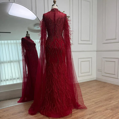 Nude Feather Evening Dress for Women High Neck Cape Sleeve Luxury Beaded Formal Gown Serene Hill 2025 Customized LA71885C