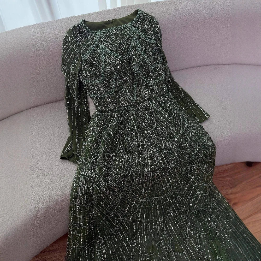 Luxury Olive Green Long Sleeve Beaded A Line Evening Gown for Wedding Party Prom Serene Hill 2025 Customized LA72738B Plus Size