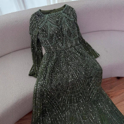 Luxury Olive Green Long Sleeve Beaded A Line Evening Gown for Wedding Party Prom Serene Hill 2025 Customized LA72738B Plus Size