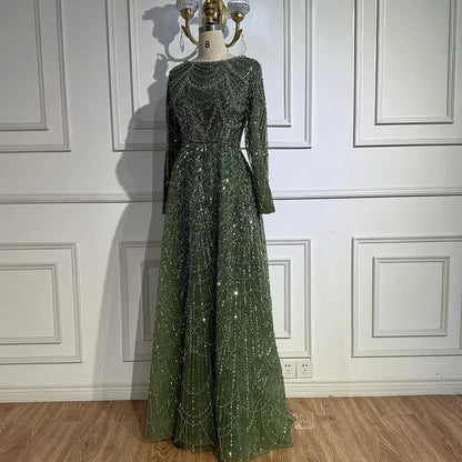 Luxury Olive Green Long Sleeve Beaded A Line Evening Gown for Wedding Party Prom Serene Hill 2025 Customized LA72738B Plus Size