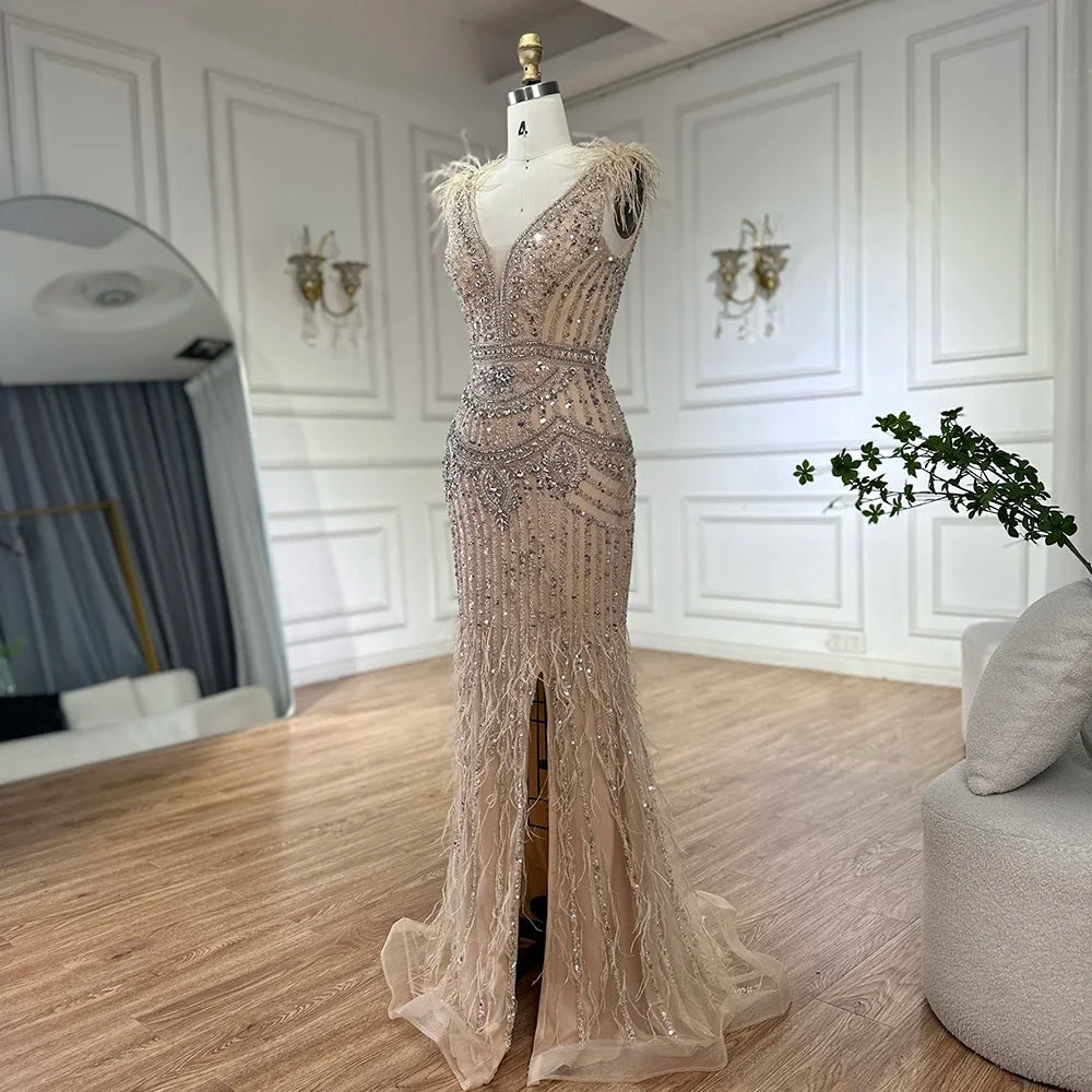 Serene Hill 2025 Arabic Blue Split Mermaid Beaded Feathers Long Evening Dresses Gowns For Occasion LA72742 Customized