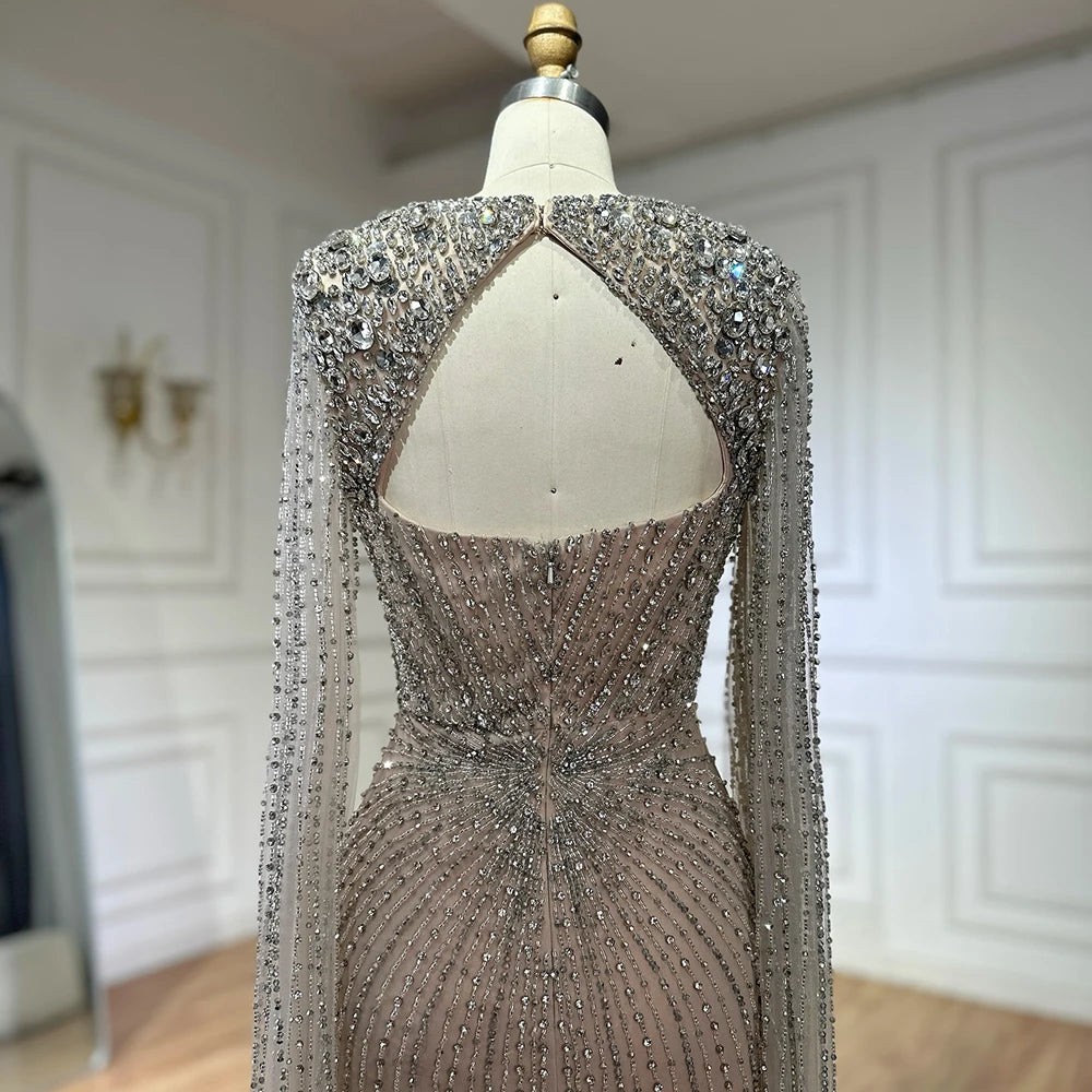 Serene Hill Customized Arabic Silver Nude Cape Sleeves Beaded Evening Dresses Gowns For Women Wedding Party 2025 LA72575