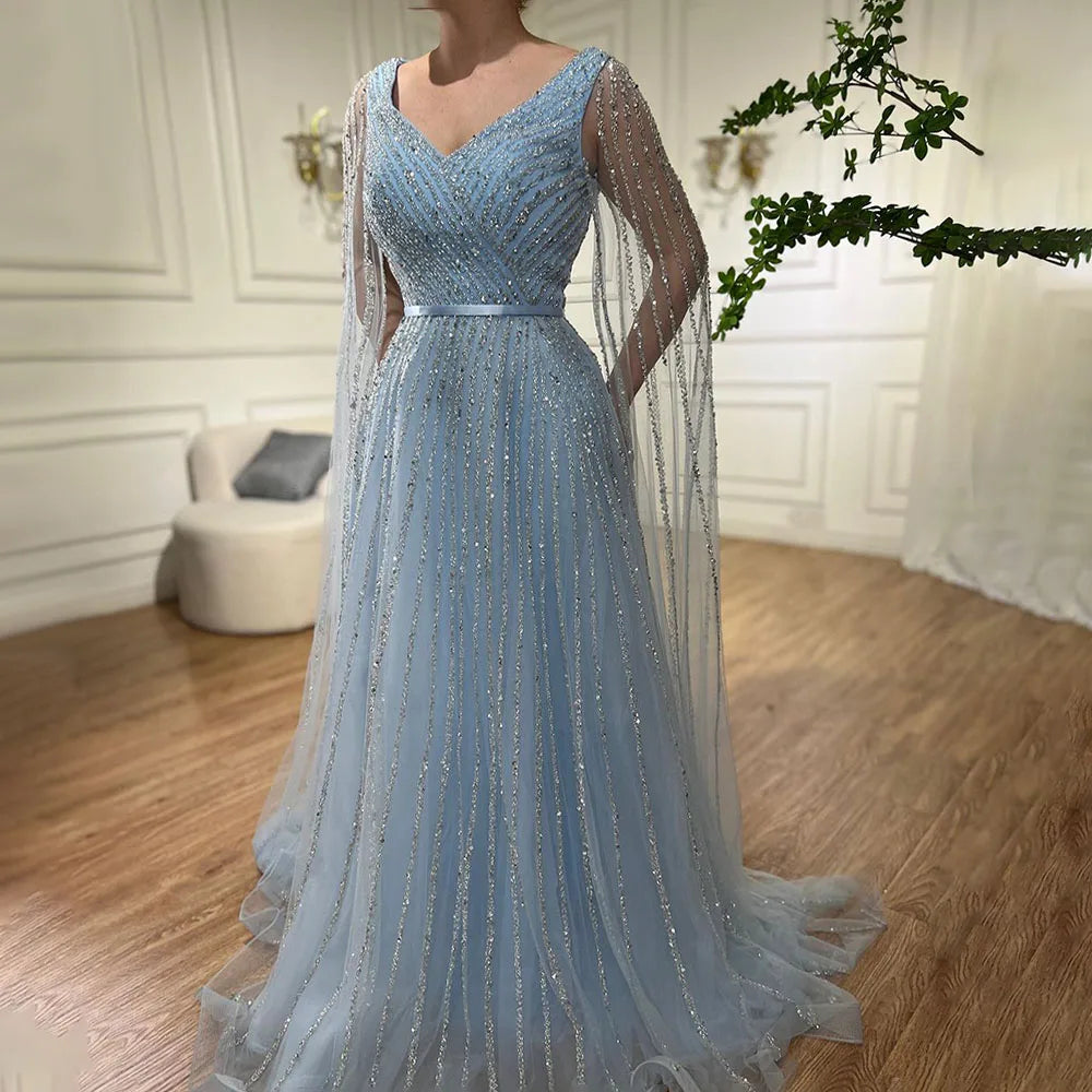Serene Hill Mint Cape Sleeves A Line Beaded  Dubai Evening Dresses Long 2025 Celebrity Gowns For  Party LA71865 Customized