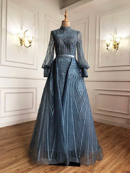 Customized Muslim Grey Overskirt Evening Dresses Gowns 2025 Mermaid Elegant Beaded For Woman Party Plus Size LA71248