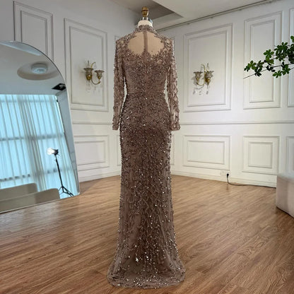 Luxury Caramel Beaded Evening Dress with High Neck Long Sleeves Mermaid Gown Serene Hill 2025 Customized LA71747A
