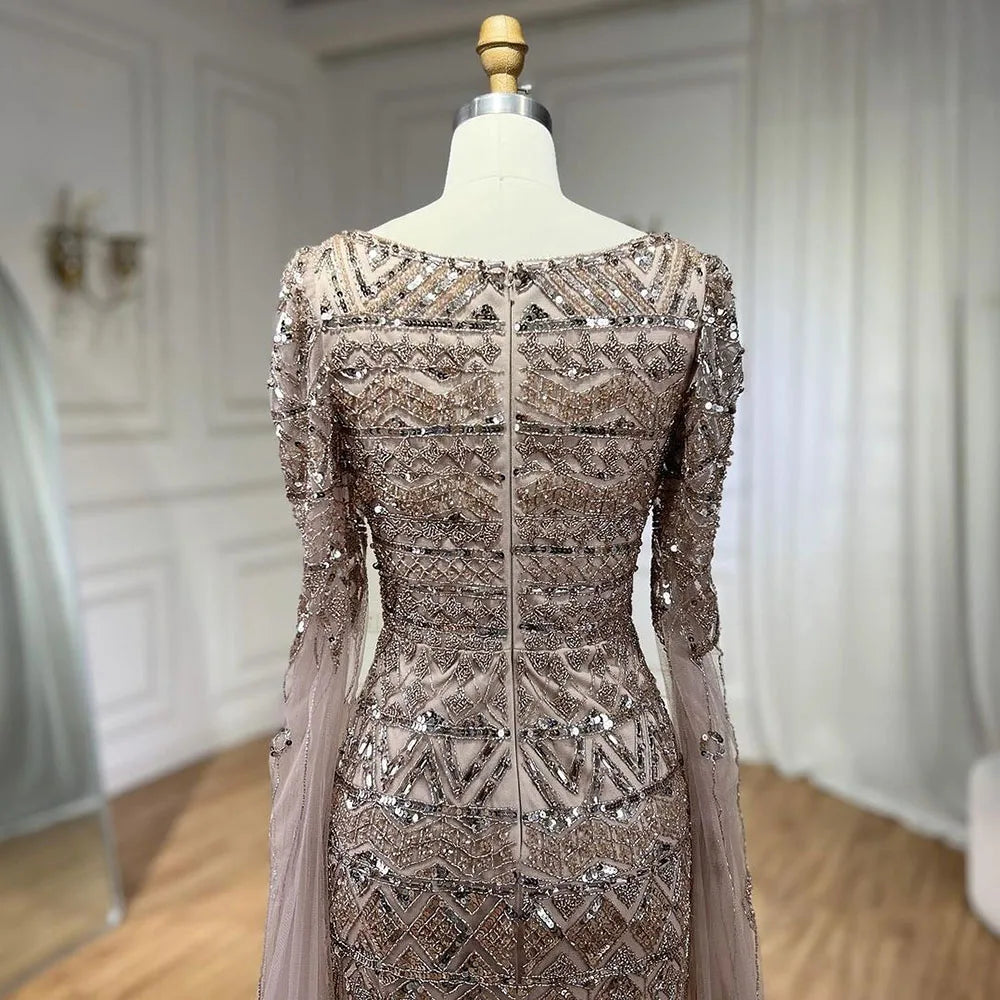 2025 Caramel With Beaded Cape Sleeves Design Mermaid Long Evening Dresses Gowns For Women's Wedding Party LA72355A Customized