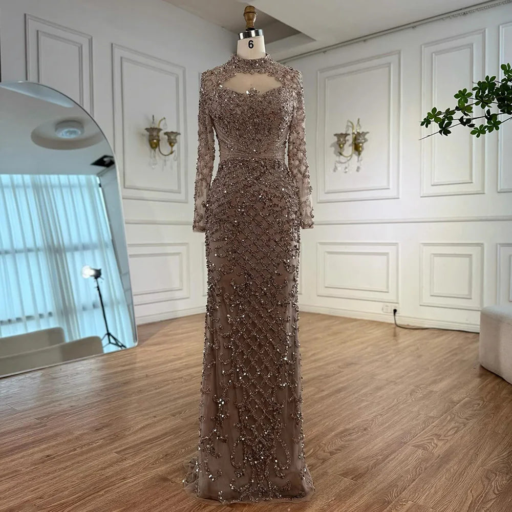 Luxury Caramel Beaded Evening Dress with High Neck Long Sleeves Mermaid Gown Serene Hill 2025 Customized LA71747A
