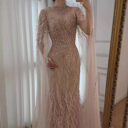 Nude Feather Evening Dress for Women High Neck Cape Sleeve Luxury Beaded Formal Gown Serene Hill 2025 Customized LA71885C