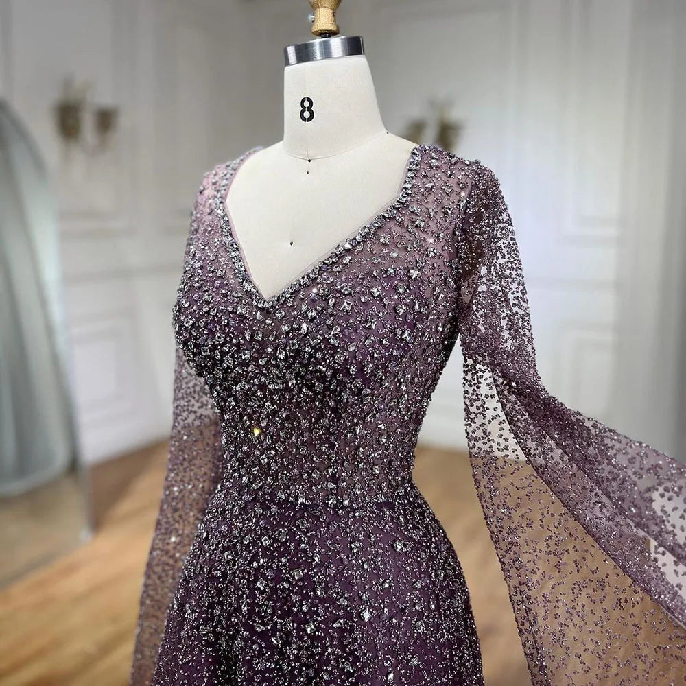 Serene Hill 2025 Customized Saudi Arabic Caramel Beaded Cape Sleeves A Line Evening Dresses For Formal Occasion LA72147A